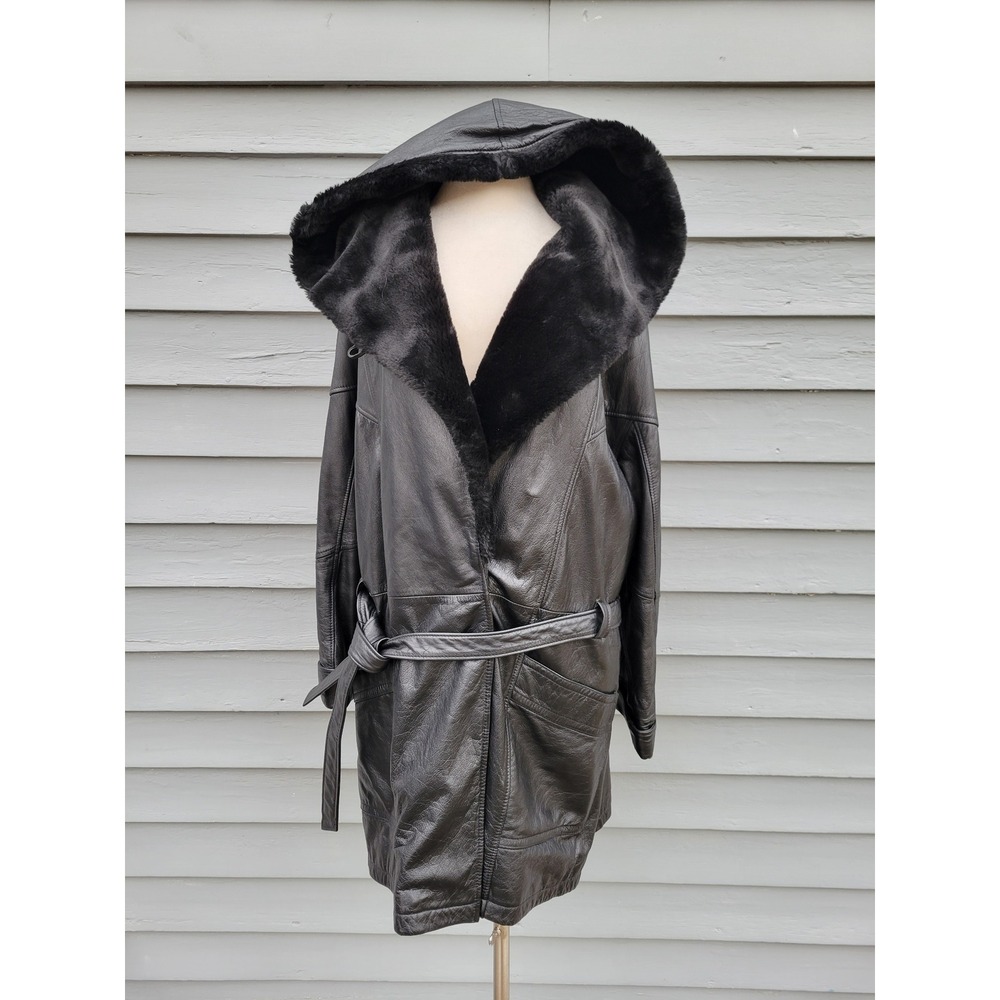 Vintage 90s y2k‎ Wilsons Leather Parka Coat Black Faux Fur Hood Belted XXL